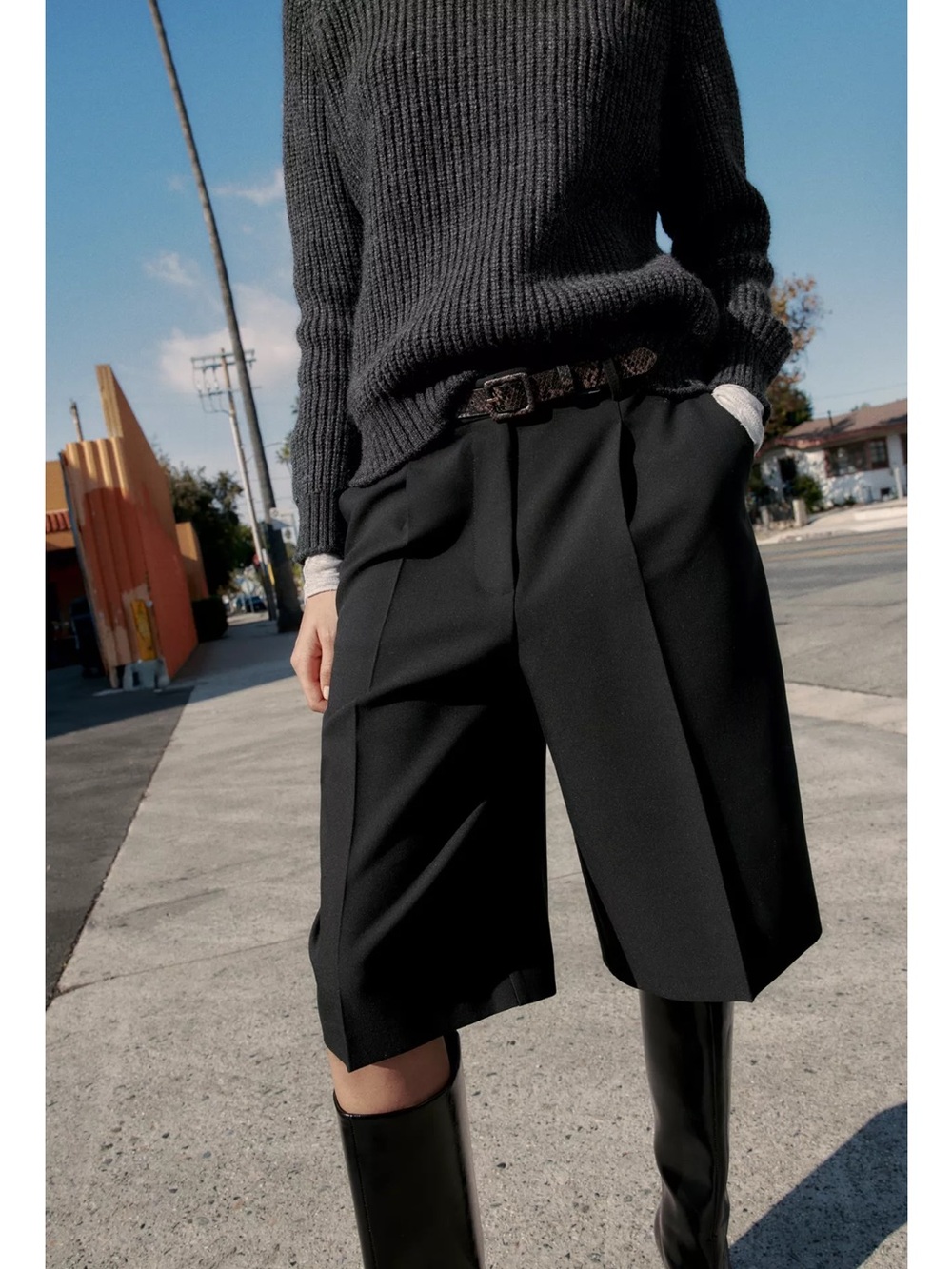 Zara Long Shorts with Belt, Black, Size Medium.